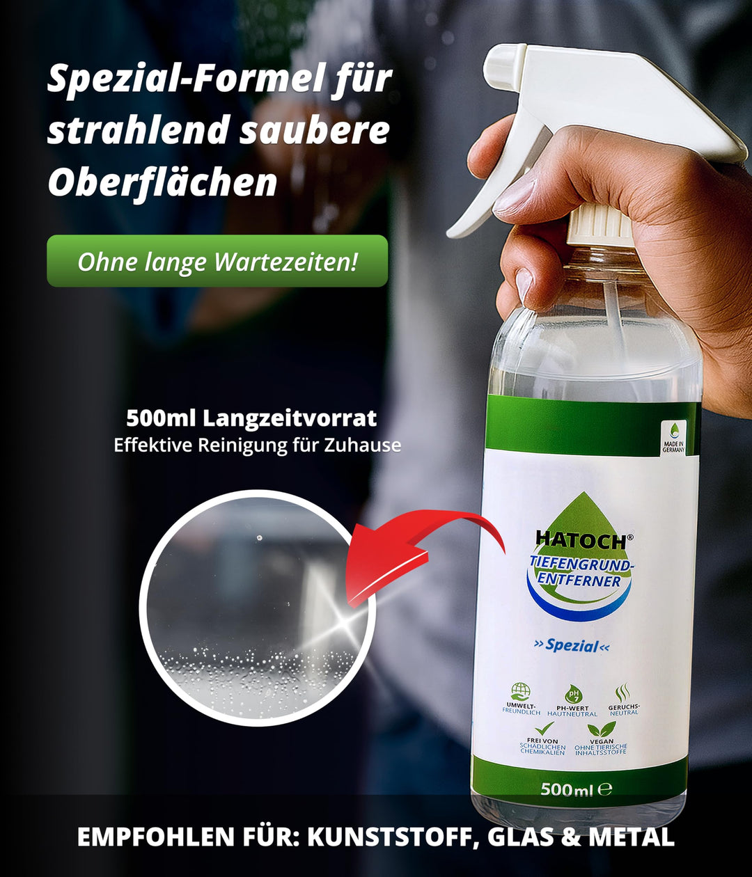 HATOCH SPEZIAL 500ml Anwendung auf Glasscheibe – Silikat-Tiefengrund Rückstände entfernen