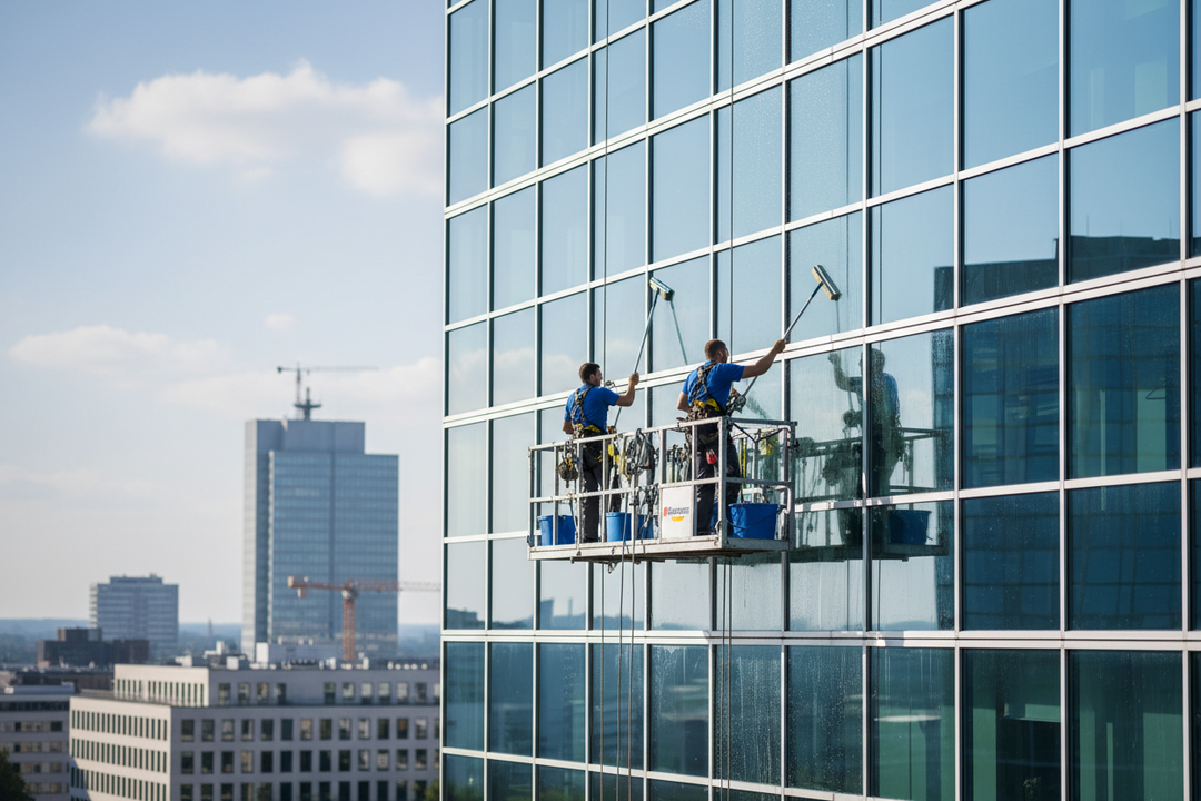 Professionelle Fensterreinigung in Hannover – HKD-Services Team im Fahrkorb