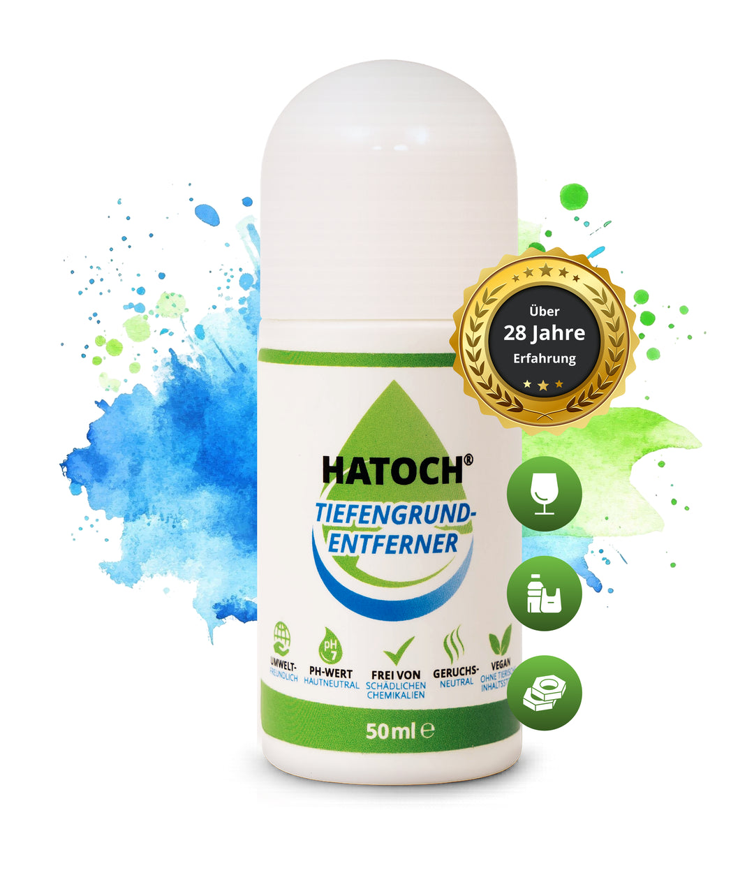 HATOCH Tiefengrund-Entferner – Produktvorteile mit Symbolen: materialschonend, biologisch, geruchsfrei