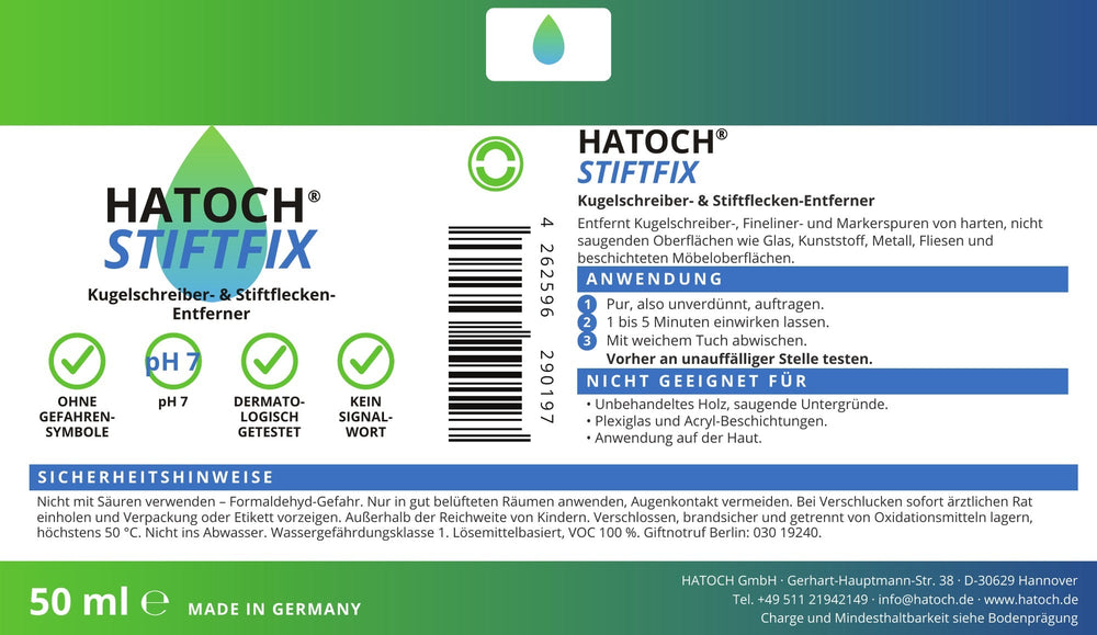HATOCH STIFTFIX 50 ml Etikett: Anwendung in drei Schritten, Sicherheitshinweise, ohne Gefahrensymbole, pH 7, dermatologisch getestet, kein Signalwort