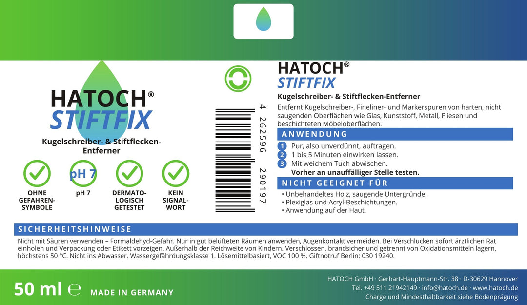 HATOCH STIFTFIX 50 ml Etikett: Anwendung in drei Schritten, Sicherheitshinweise, ohne Gefahrensymbole, pH 7, dermatologisch getestet, kein Signalwort