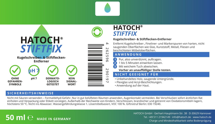 HATOCH STIFTFIX 50 ml Etikett: Anwendung in drei Schritten, Sicherheitshinweise, ohne Gefahrensymbole, pH 7, dermatologisch getestet, kein Signalwort