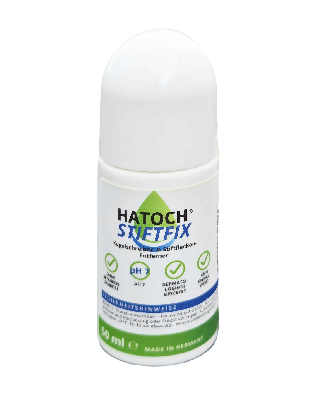 HATOCH STIFTFIX Kugelschreiber- & Stiftflecken-Entferner 50 ml Stick, Vorderseite: ohne Gefahrensymbole, pH 7, dermatologisch getestet
