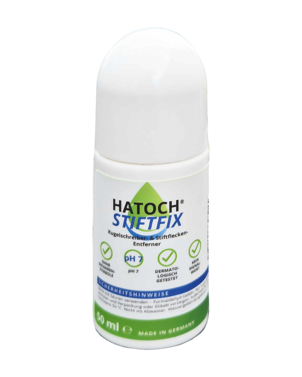HATOCH STIFTFIX Kugelschreiber- & Stiftflecken-Entferner 50 ml Stick, Vorderseite: ohne Gefahrensymbole, pH 7, dermatologisch getestet