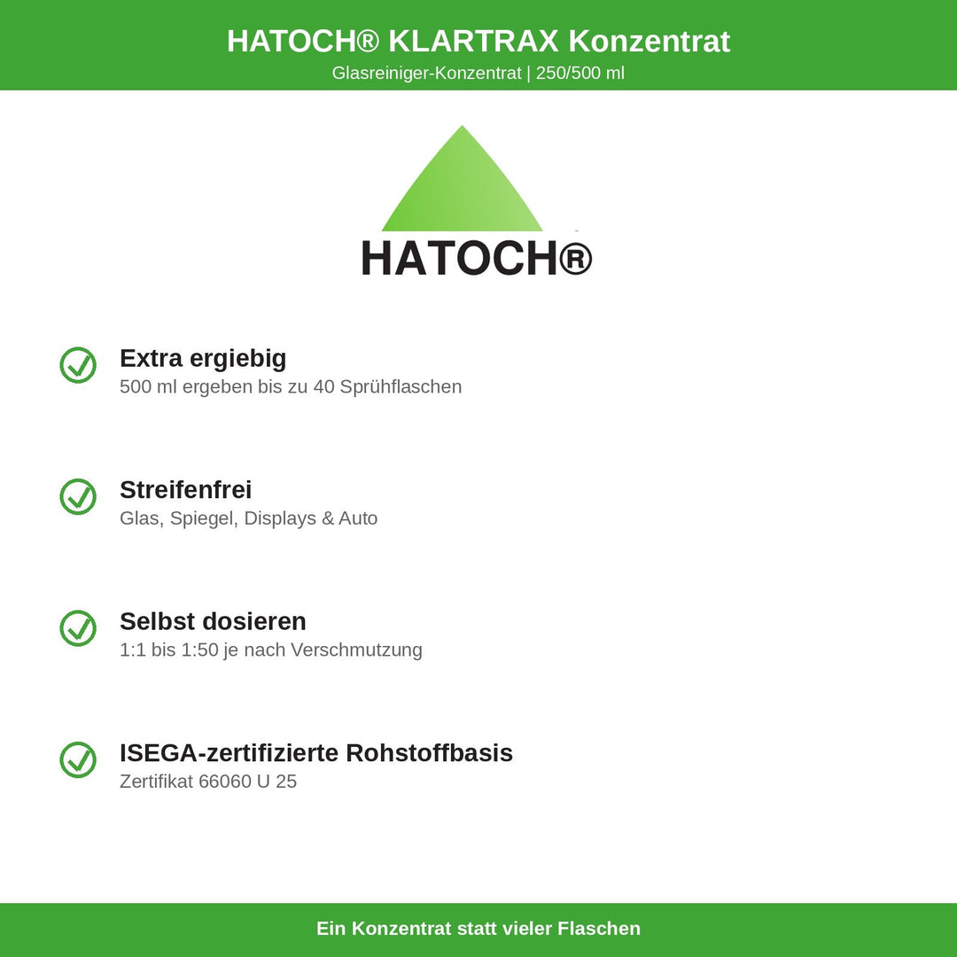 HATOCH KLARTRAX Konzentrat Vorteile: extra ergiebig, streifenfrei, selbst dosieren