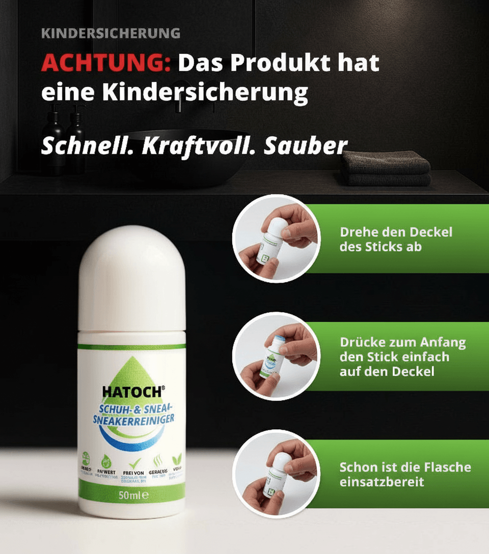 HATOCH Schuhreiniger 50ml mit Kindersicherung – Stick mit verriegeltem Roll-Kopf