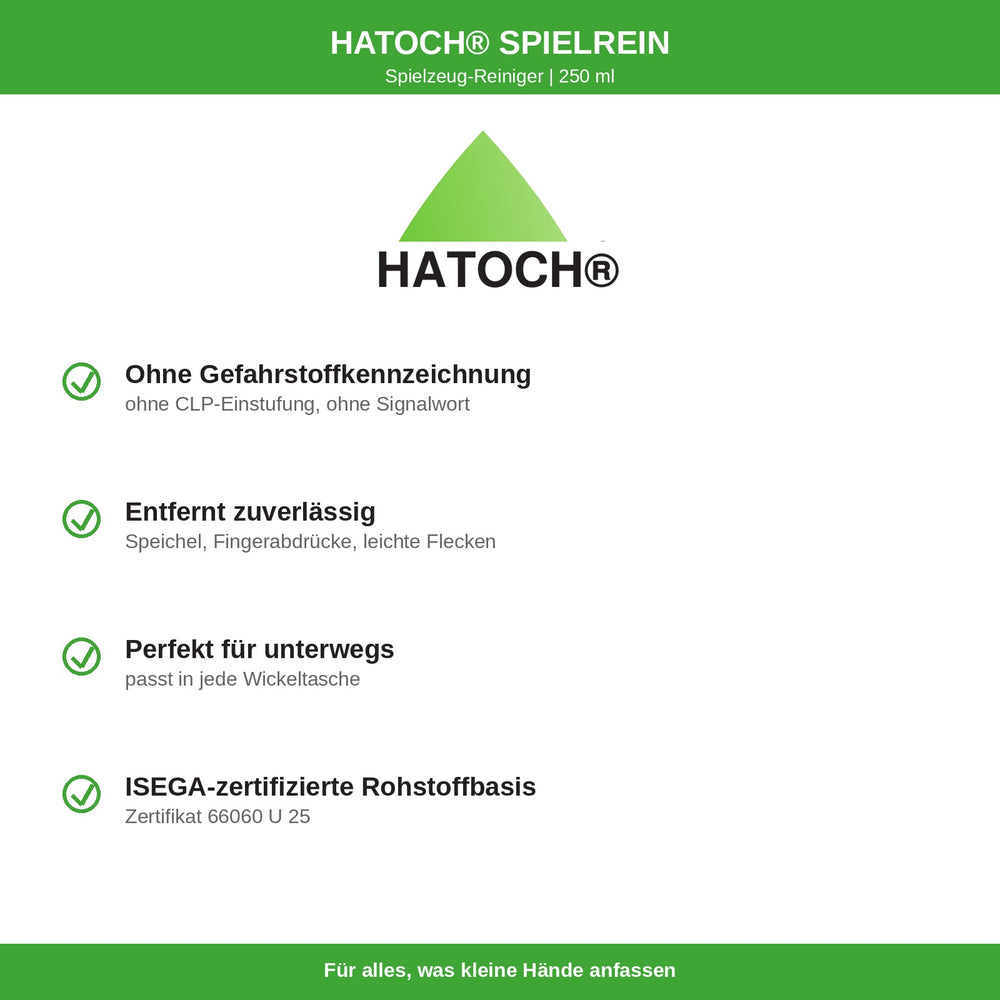 HATOCH SPIELREIN Vorteile: ohne Gefahrstoffkennzeichnung, ISEGA-zertifizierte Rohstoffbasis
